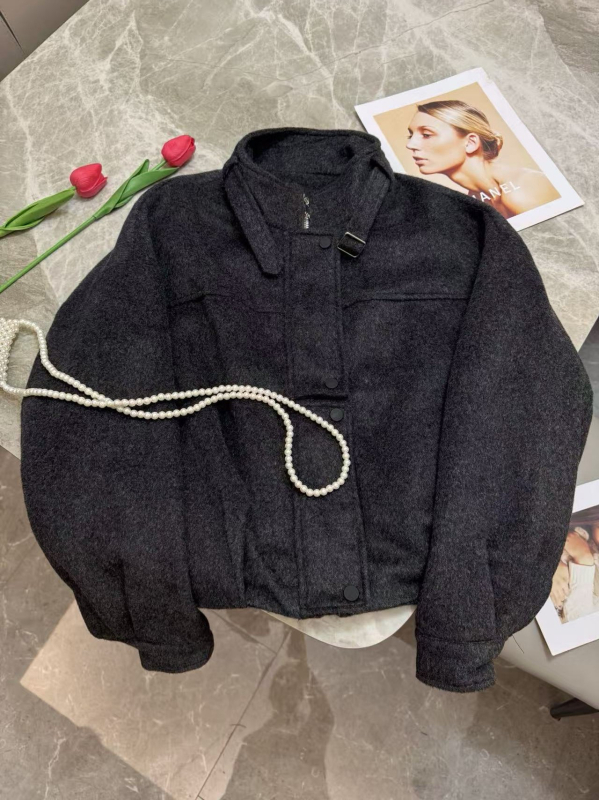 Ženski vuneni kaput u korejskom stilu sa stojećim ovratnikom, ležernog kroja, dugi rukavi, džep, retro stil