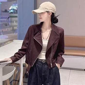 Palton biker scurt din velur de cerb, femei, poliester, mâneci lungi, fermoar, primăvară-toamnă 2025