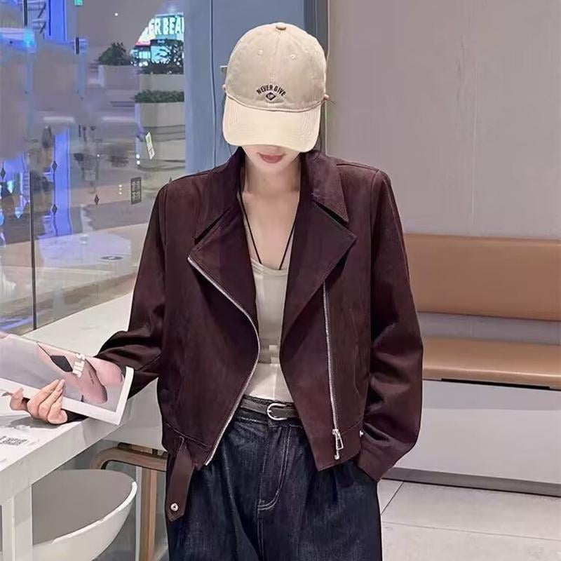 Palton biker scurt din velur de cerb, femei, poliester, mâneci lungi, fermoar, primăvară-toamnă 2025