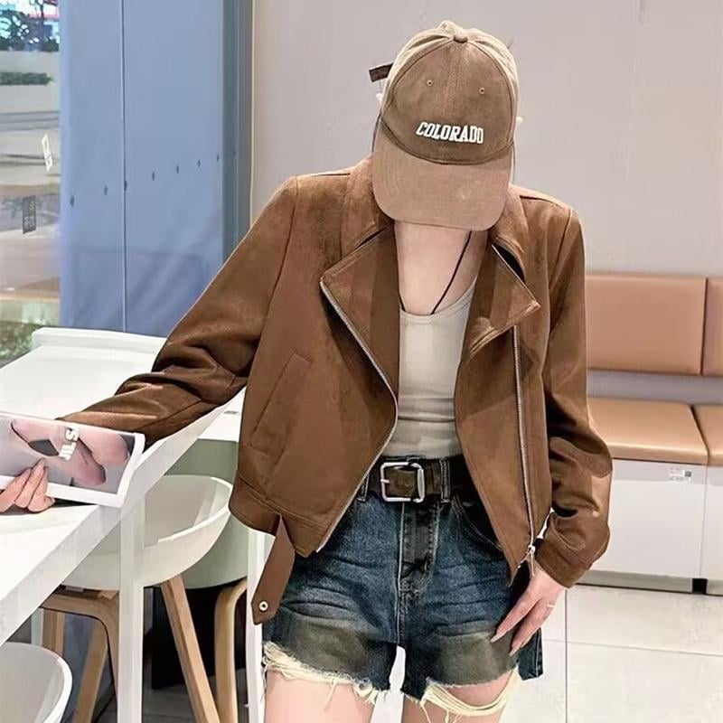 Palton biker scurt din velur de cerb, femei, poliester, mâneci lungi, fermoar, primăvară-toamnă 2025