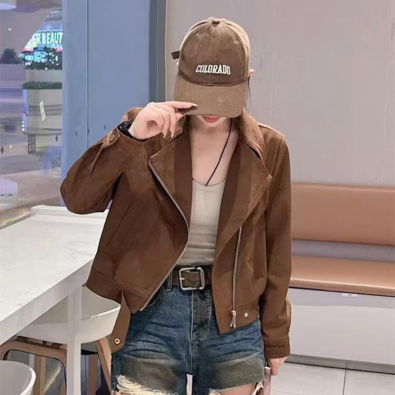 Palton biker scurt din velur de cerb, femei, poliester, mâneci lungi, fermoar, primăvară-toamnă 2025