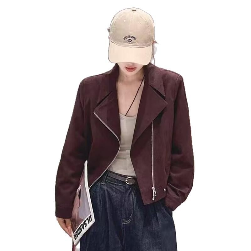 Palton biker scurt din velur de cerb, femei, poliester, mâneci lungi, fermoar, primăvară-toamnă 2025