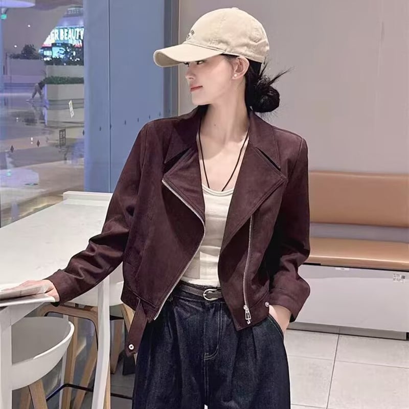 Palton biker scurt din velur de cerb, femei, poliester, mâneci lungi, fermoar, primăvară-toamnă 2025