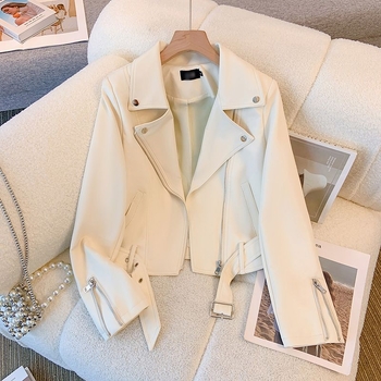 PU bőrkabát nőknek, laza szabás, hosszú ujjú, cipzár, sálgallér, középhosszú 50–65 cm