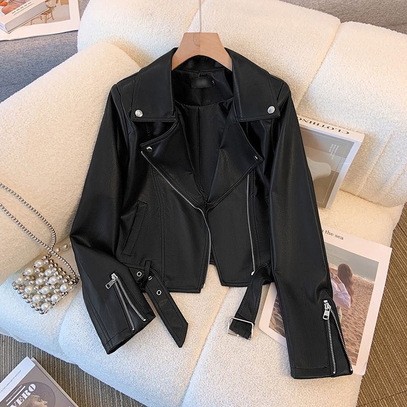 PU bőrkabát nőknek, laza szabás, hosszú ujjú, cipzár, sálgallér, középhosszú 50–65 cm