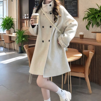 Palton pentru femei din lână, guler înălțat, lungime scurtă (40–50 cm), lână groasă, croială lejeră, conținut lână 95%+