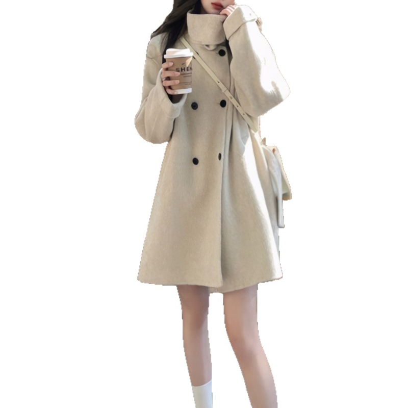 Palton pentru femei din lână, guler înălțat, lungime scurtă (40–50 cm), lână groasă, croială lejeră, conținut lână 95%+