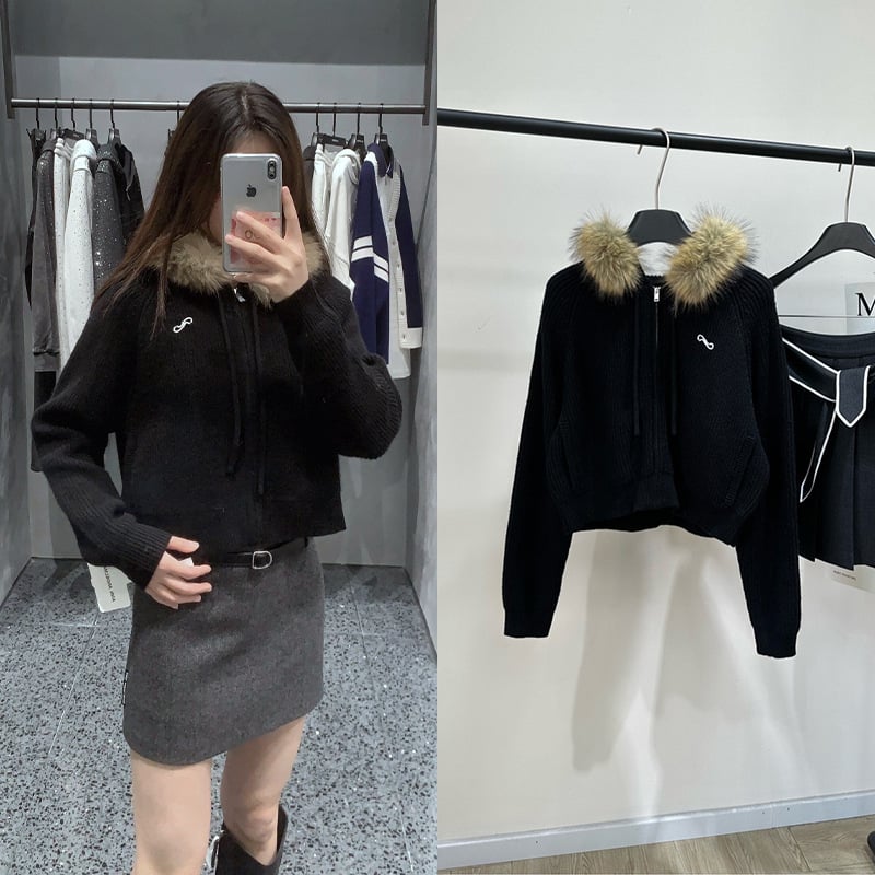 Cardigan stil pulover s kapuljom i zatvaračem, 50% vuna + umjetna krzna, ležernog kroja
