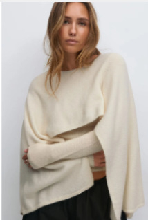 Pulover tricotat cu glugă, croială lejeră, guler rotund, material poliester 30–50%, lungime 50–65 cm