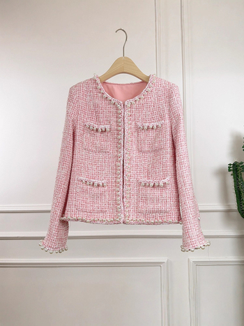 Palto din tweed pentru femei, cu margine de perle, lungime scurtă, mâneci lungi, guler rotund