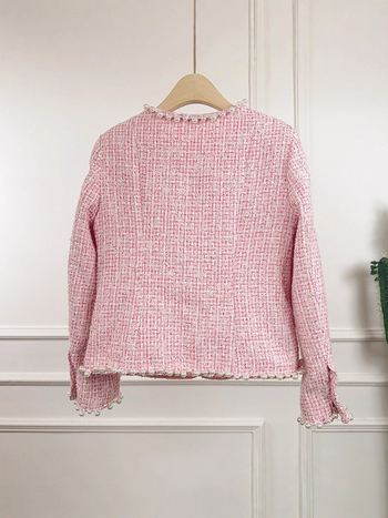 Palto din tweed pentru femei, cu margine de perle, lungime scurtă, mâneci lungi, guler rotund