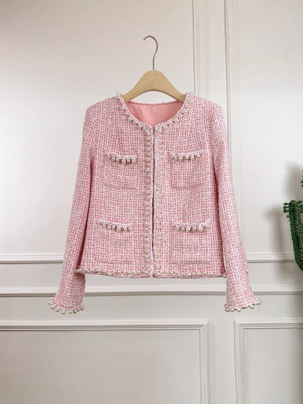 Palto din tweed pentru femei, cu margine de perle, lungime scurtă, mâneci lungi, guler rotund