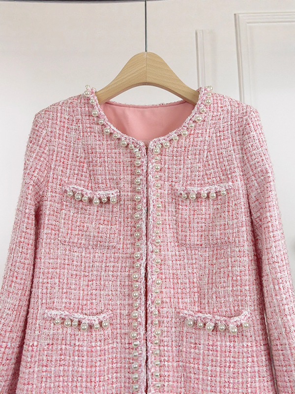 Palto din tweed pentru femei, cu margine de perle, lungime scurtă, mâneci lungi, guler rotund