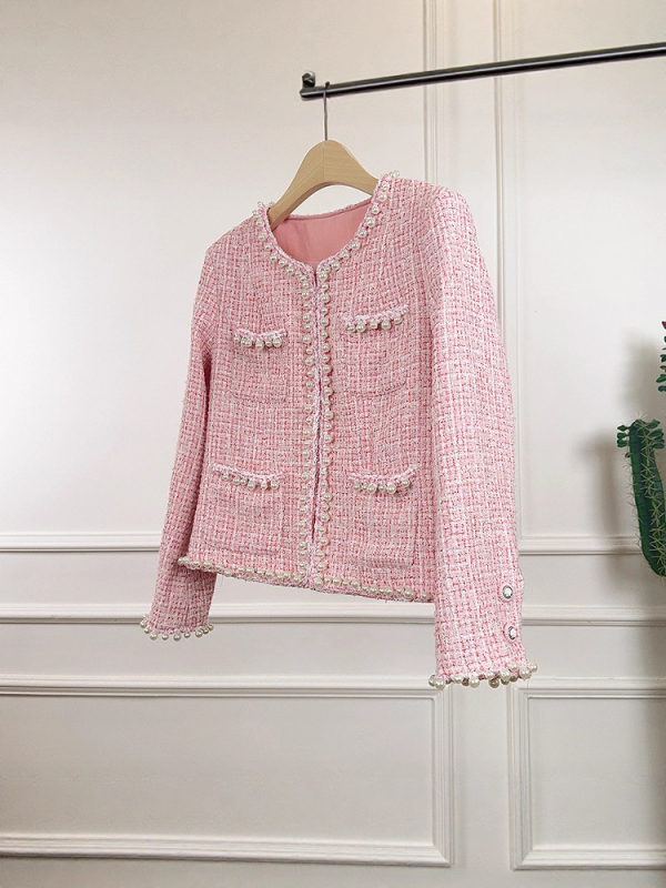 Palto din tweed pentru femei, cu margine de perle, lungime scurtă, mâneci lungi, guler rotund