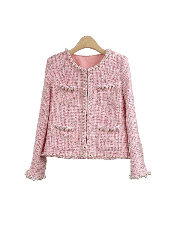 Palto din tweed pentru femei, cu margine de perle, lungime scurtă, mâneci lungi, guler rotund