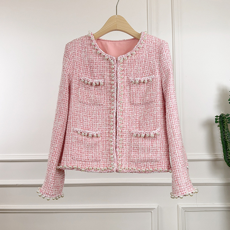 Palto din tweed pentru femei, cu margine de perle, lungime scurtă, mâneci lungi, guler rotund