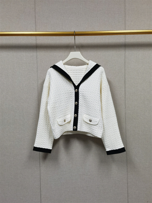 Cardigan tricotat din bumbac cu patchwork, mâneci lungi, lungime scurtă, croială lejeră, închidere cu nasturi pe un rând