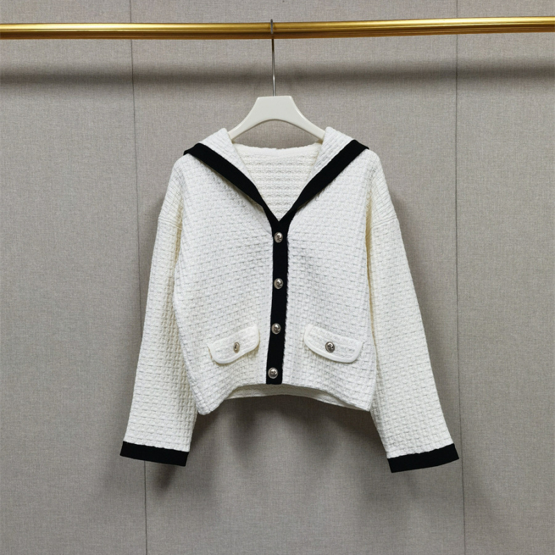 Cardigan tricotat din bumbac cu patchwork, mâneci lungi, lungime scurtă, croială lejeră, închidere cu nasturi pe un rând