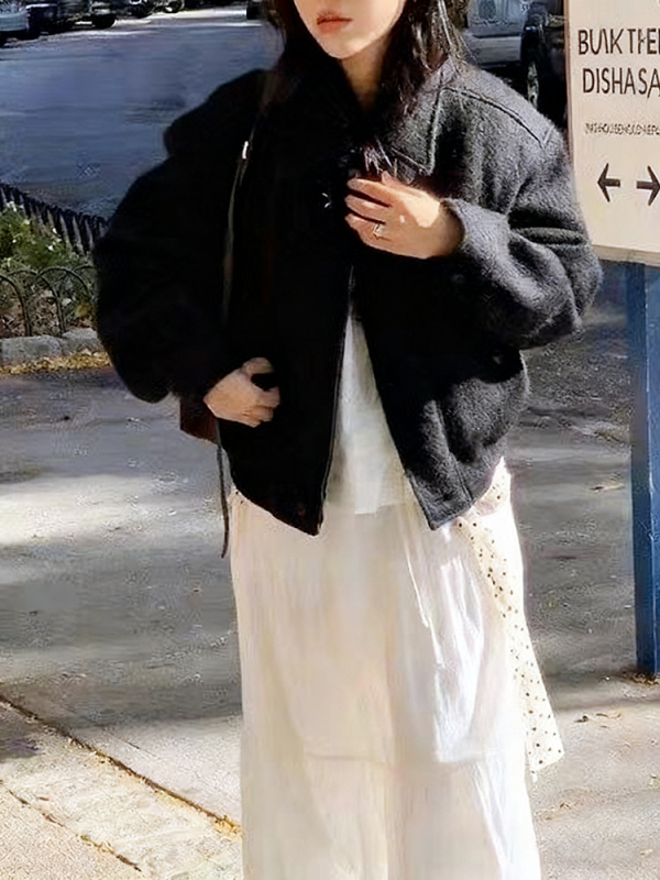 Geacă damă scurtă, căptușită, cu guler înalt, din amestec lână-modal, fermoar, mâneci lungi, toamnă 2025