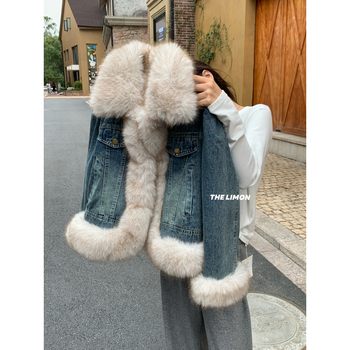 Lemon Green Tea jachetă denim patchwork eco-friendly, croială lejeră, mâneci lungi, guler rotund TM-1229