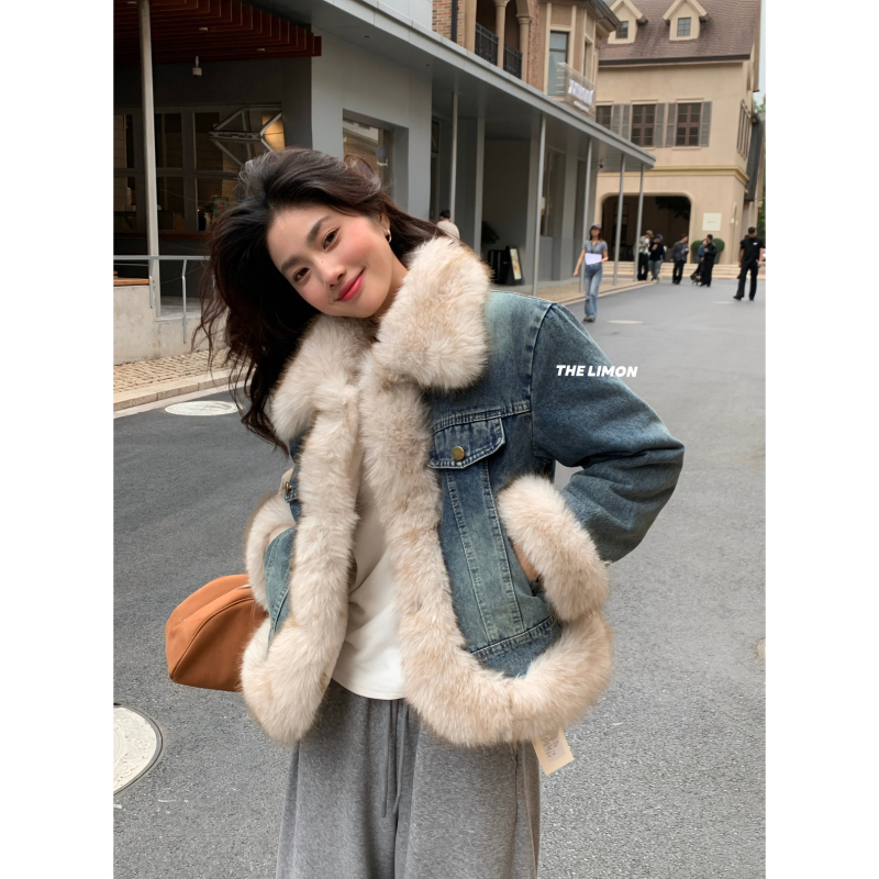 Lemon Green Tea jachetă denim patchwork eco-friendly, croială lejeră, mâneci lungi, guler rotund TM-1229