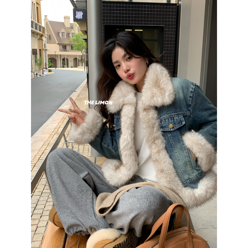 Lemon Green Tea jachetă denim patchwork eco-friendly, croială lejeră, mâneci lungi, guler rotund TM-1229