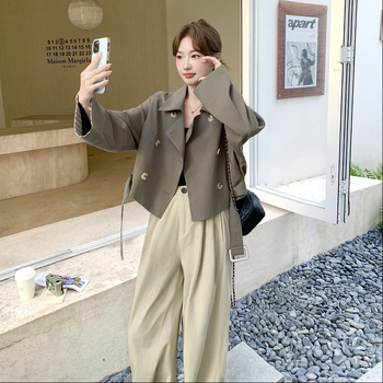 Jachetă scurtă în stil coreean, cu curea, nasturi dubli, guler rever, croială lejeră, mâneci lungi, poliester solid, toamnă 2025