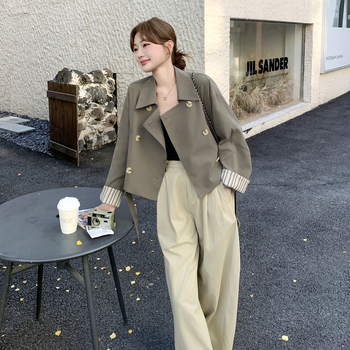 Jachetă scurtă în stil coreean, cu curea, nasturi dubli, guler rever, croială lejeră, mâneci lungi, poliester solid, toamnă 2025