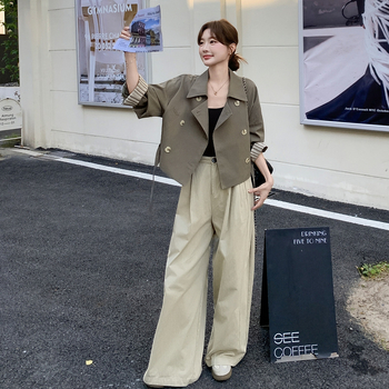 Jachetă scurtă în stil coreean, cu curea, nasturi dubli, guler rever, croială lejeră, mâneci lungi, poliester solid, toamnă 2025