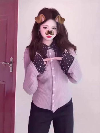 Cardigan tricotat pentru femei, stil coreean, mâneci lungi, model cu buline, închidere cu nasturi, guler rever, lungime normală, tricot poliester