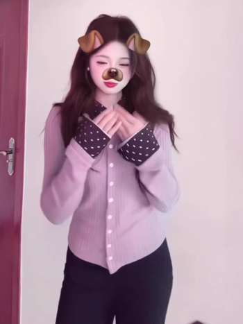 Cardigan tricotat pentru femei, stil coreean, mâneci lungi, model cu buline, închidere cu nasturi, guler rever, lungime normală, tricot poliester