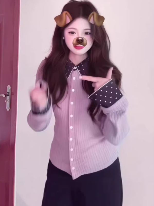 Cardigan tricotat pentru femei, stil coreean, mâneci lungi, model cu buline, închidere cu nasturi, guler rever, lungime normală, tricot poliester