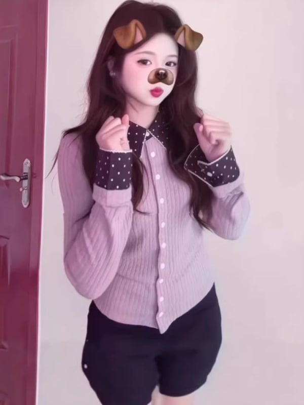 Cardigan tricotat pentru femei, stil coreean, mâneci lungi, model cu buline, închidere cu nasturi, guler rever, lungime normală, tricot poliester