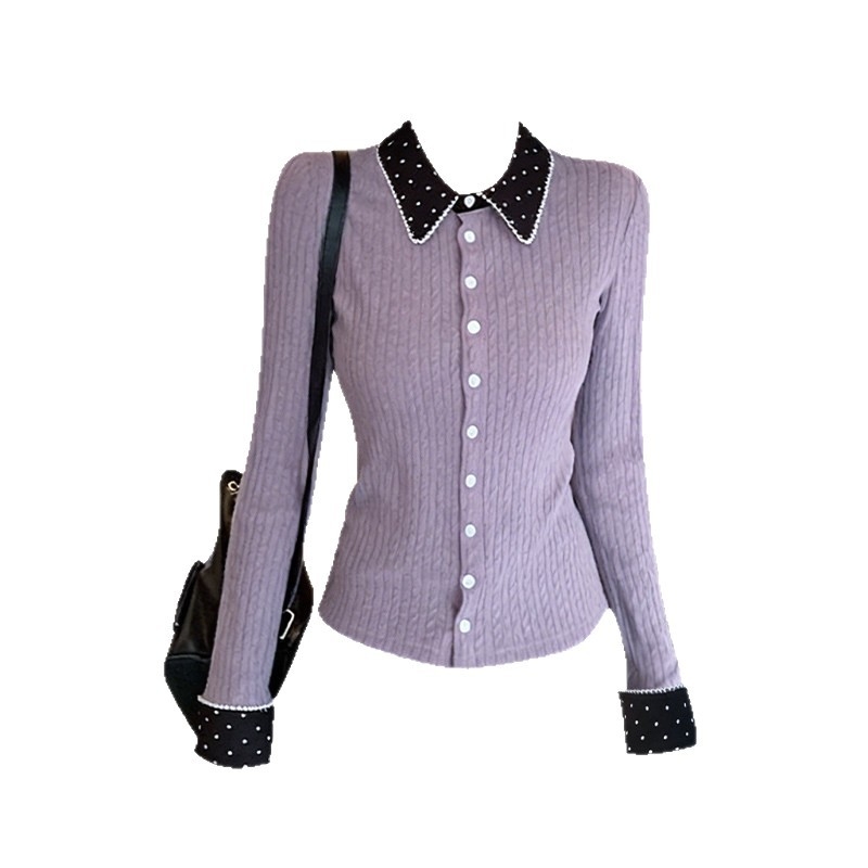 Cardigan tricotat pentru femei, stil coreean, mâneci lungi, model cu buline, închidere cu nasturi, guler rever, lungime normală, tricot poliester