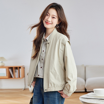 Jachetă pentru femei cu guler baseball și fermoar, material amestec bumbac-nylon, mâneci lungi, croială lejeră, stil casual coreean