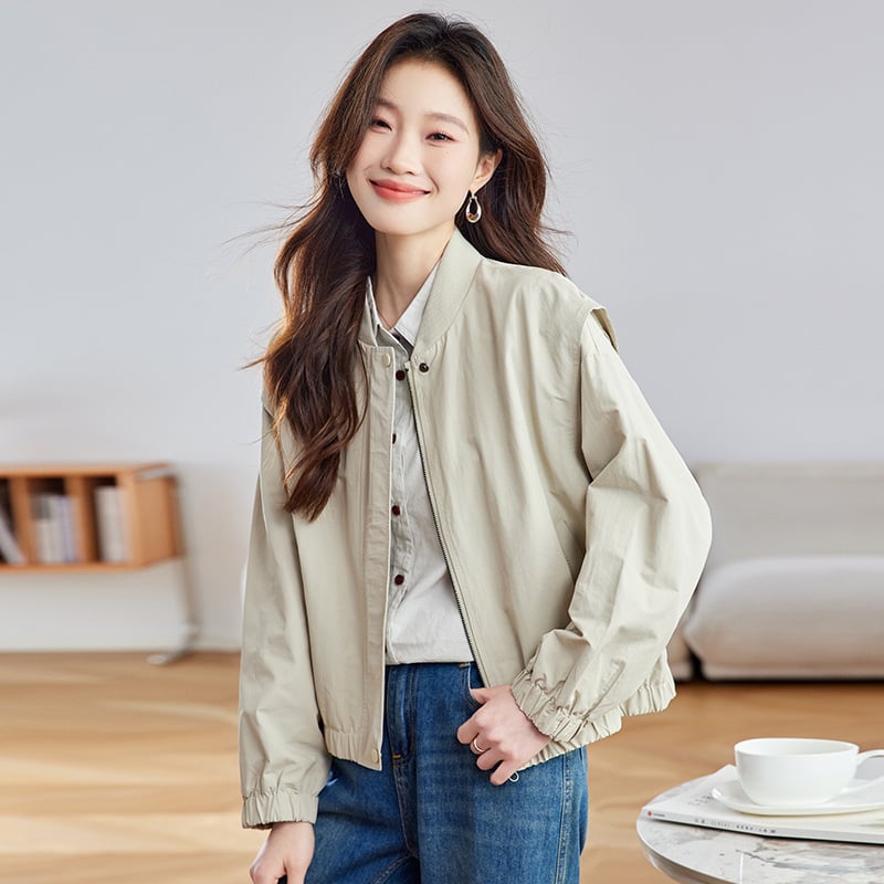 Jachetă pentru femei cu guler baseball și fermoar, material amestec bumbac-nylon, mâneci lungi, croială lejeră, stil casual coreean