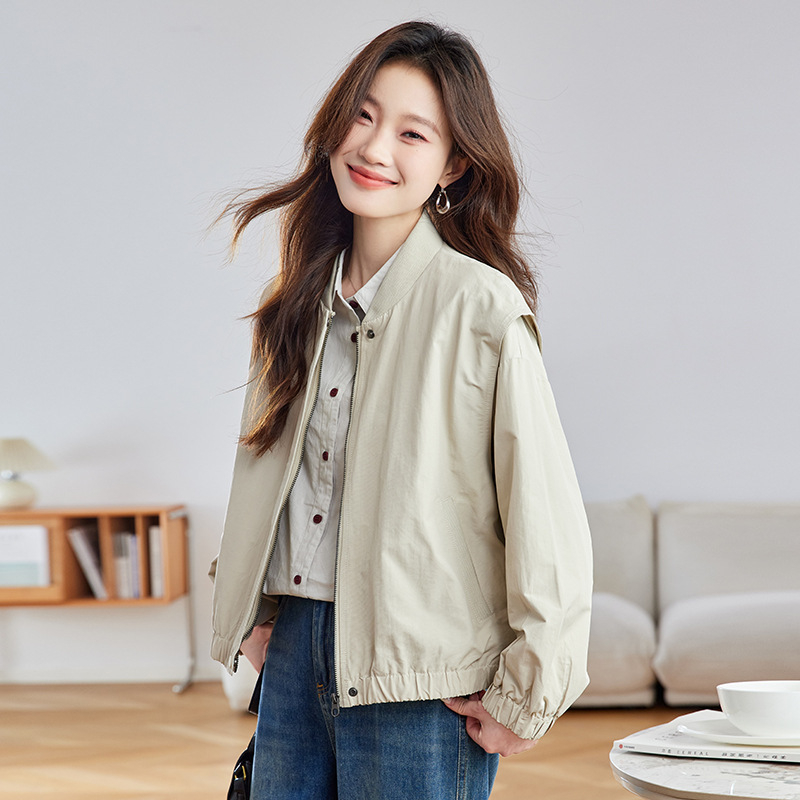 Jachetă pentru femei cu guler baseball și fermoar, material amestec bumbac-nylon, mâneci lungi, croială lejeră, stil casual coreean