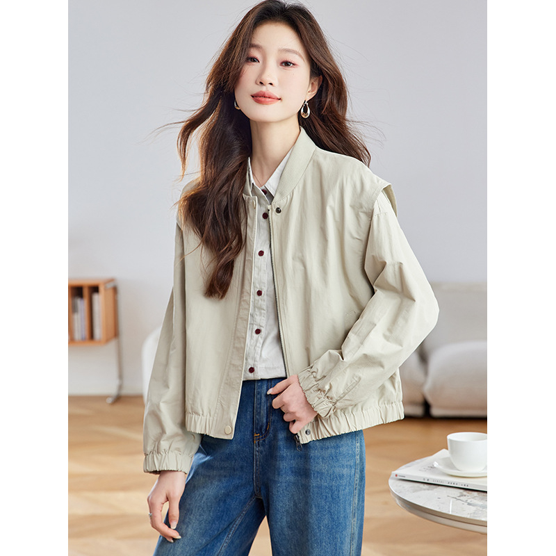 Jachetă pentru femei cu guler baseball și fermoar, material amestec bumbac-nylon, mâneci lungi, croială lejeră, stil casual coreean