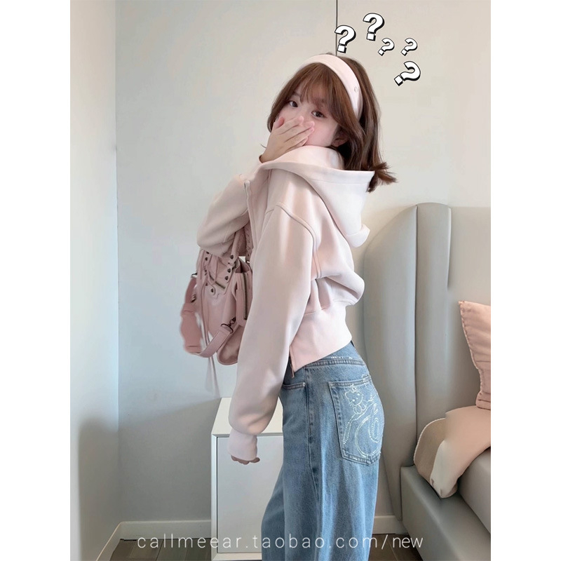 Hanorac-cardigan damă cu glugă, croială scurtă, uni, mâneci tip bat, fermoar, amestec bumbac-poliester, toamnă 2025