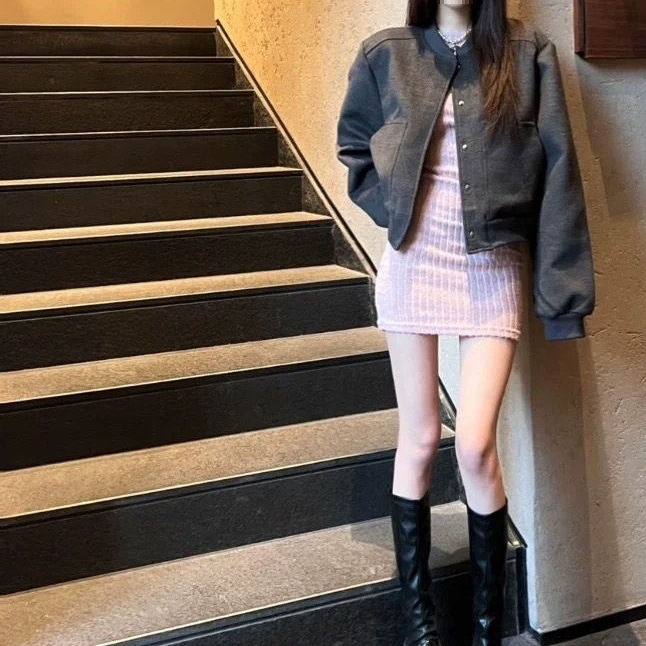 Koreai stílusú, slim-fit dzseki Chenille anyagból spandexszel, kerek nyakú, tavasz 2025