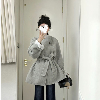 Palton de lână pentru femei, cu guler înalt, închidere cu șnur, croială lejeră, lungime medie