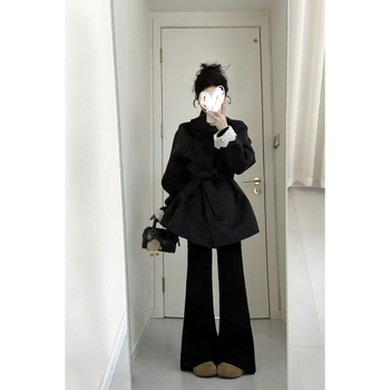 Palton de lână pentru femei, cu guler înalt, închidere cu șnur, croială lejeră, lungime medie