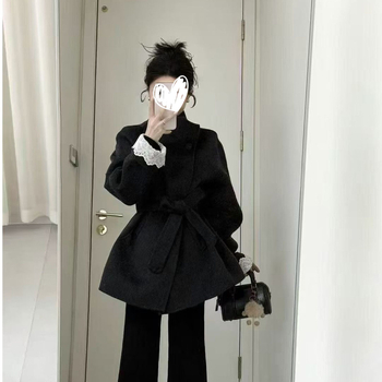 Palton de lână pentru femei, cu guler înalt, închidere cu șnur, croială lejeră, lungime medie