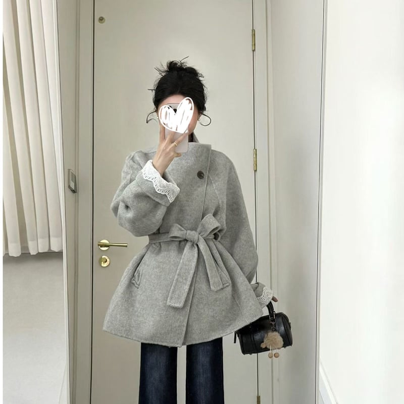 Palton de lână pentru femei, cu guler înalt, închidere cu șnur, croială lejeră, lungime medie