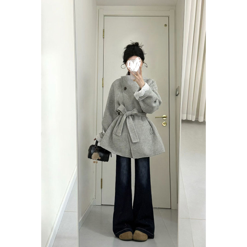 Palton de lână pentru femei, cu guler înalt, închidere cu șnur, croială lejeră, lungime medie