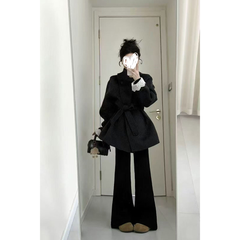 Palton de lână pentru femei, cu guler înalt, închidere cu șnur, croială lejeră, lungime medie