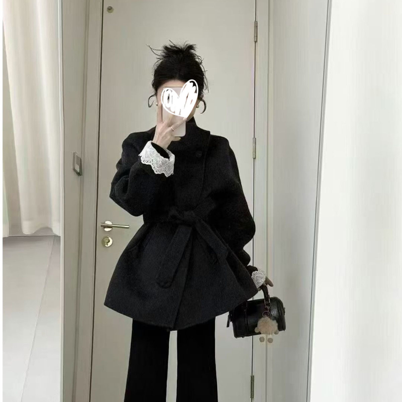 Palton de lână pentru femei, cu guler înalt, închidere cu șnur, croială lejeră, lungime medie