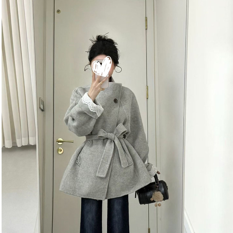 Palton de lână pentru femei, cu guler înalt, închidere cu șnur, croială lejeră, lungime medie
