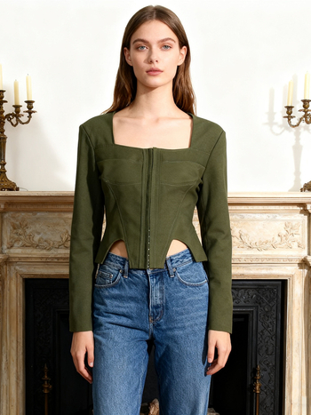 Női dzseki négyszögletes gallérral, cipzár, karcsú szabás, halcsont mintás patchwork, poliészter–elasztán