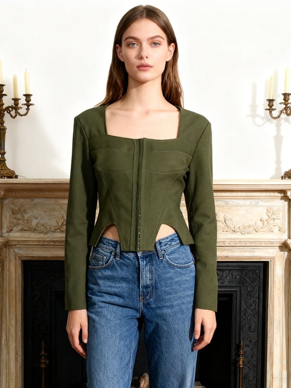 Női dzseki négyszögletes gallérral, cipzár, karcsú szabás, halcsont mintás patchwork, poliészter–elasztán